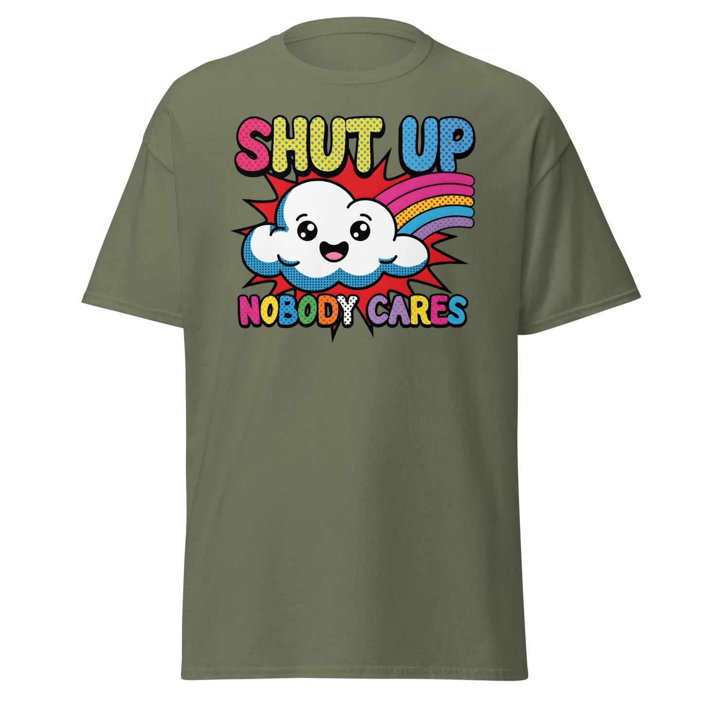 Shut Up Nobody Cares T-Shirt Funny Cartoon Cloud Tee - Military Green - T-Shirts Online