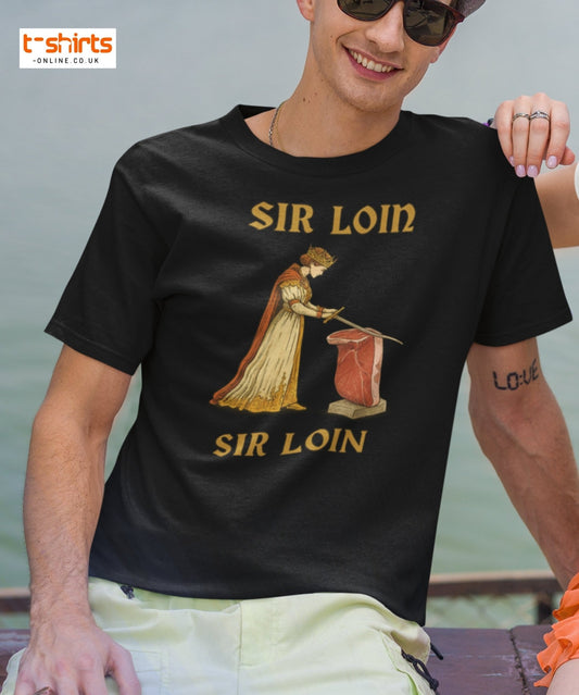 Person wearing a black t-shirt with 'SIR LOIN' graphic design.
