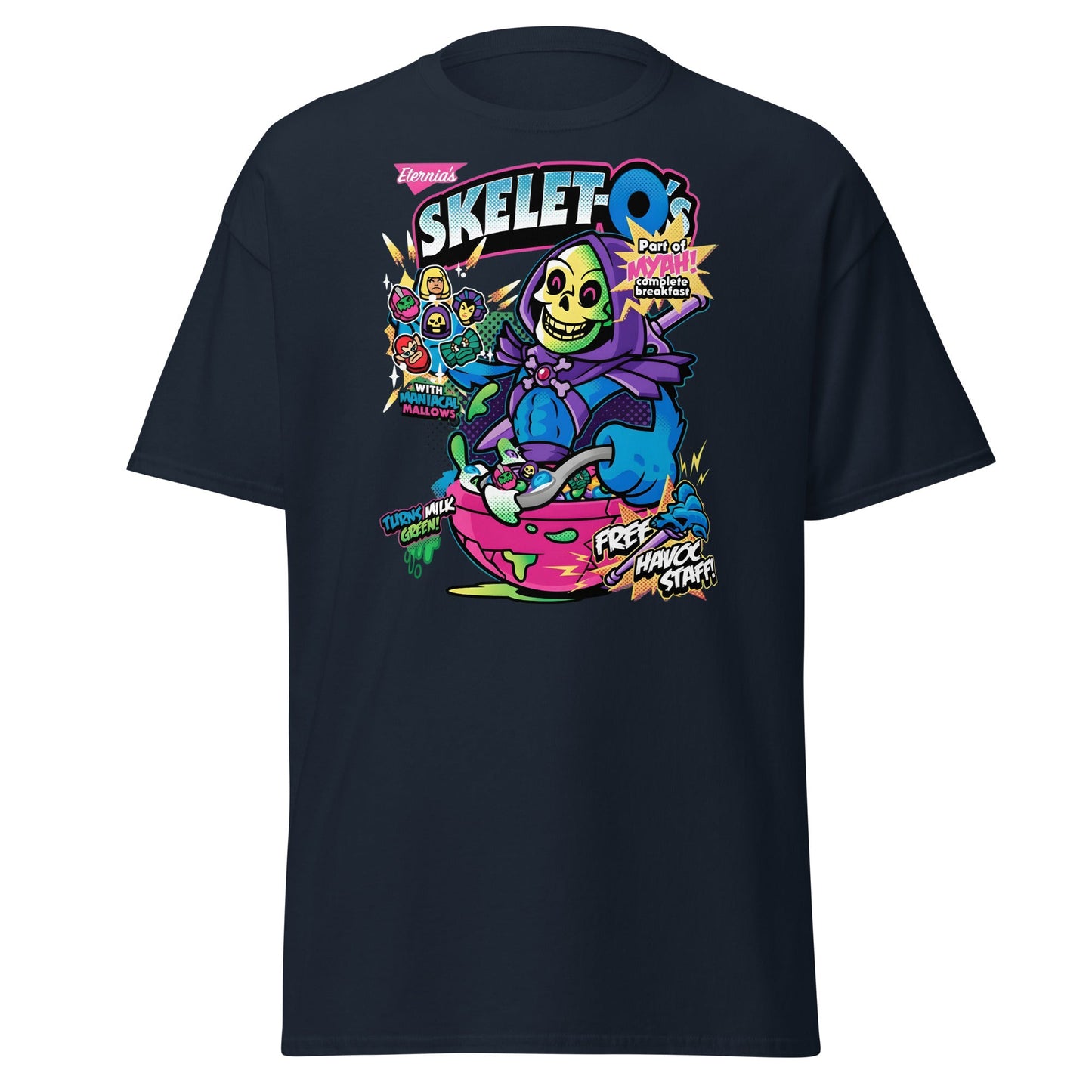 Skelet - O's Cereal T-Shirt – Funny Grim Reaper Parody Tee - Navy - T-Shirts Online