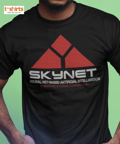Black t-shirt with red and white graphic design on a green background