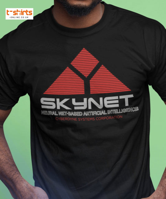 Black t-shirt with red and white graphic design on a green background