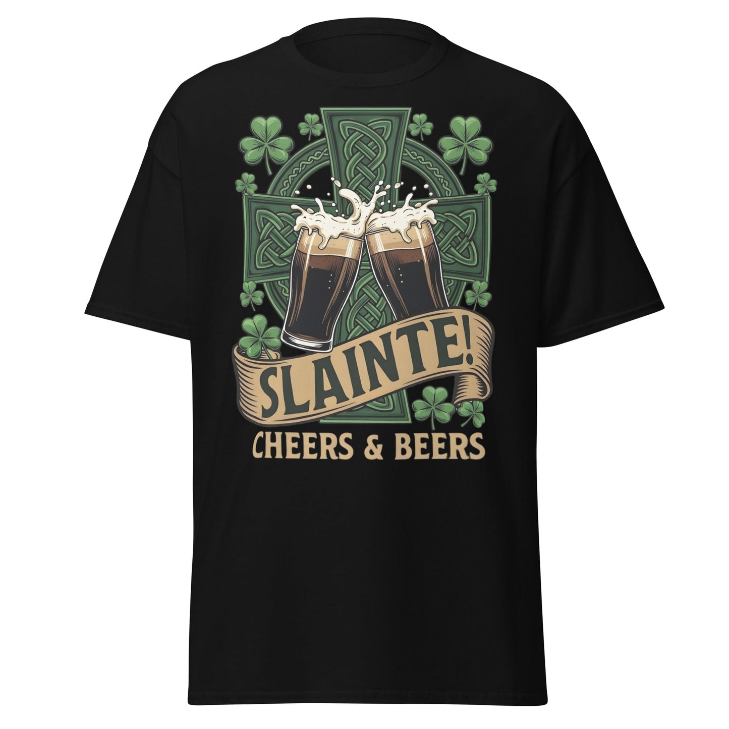 Sláinte Irish Cheers & Beers T-Shirt - Celtic Stout Tee - Black - T-Shirts Online