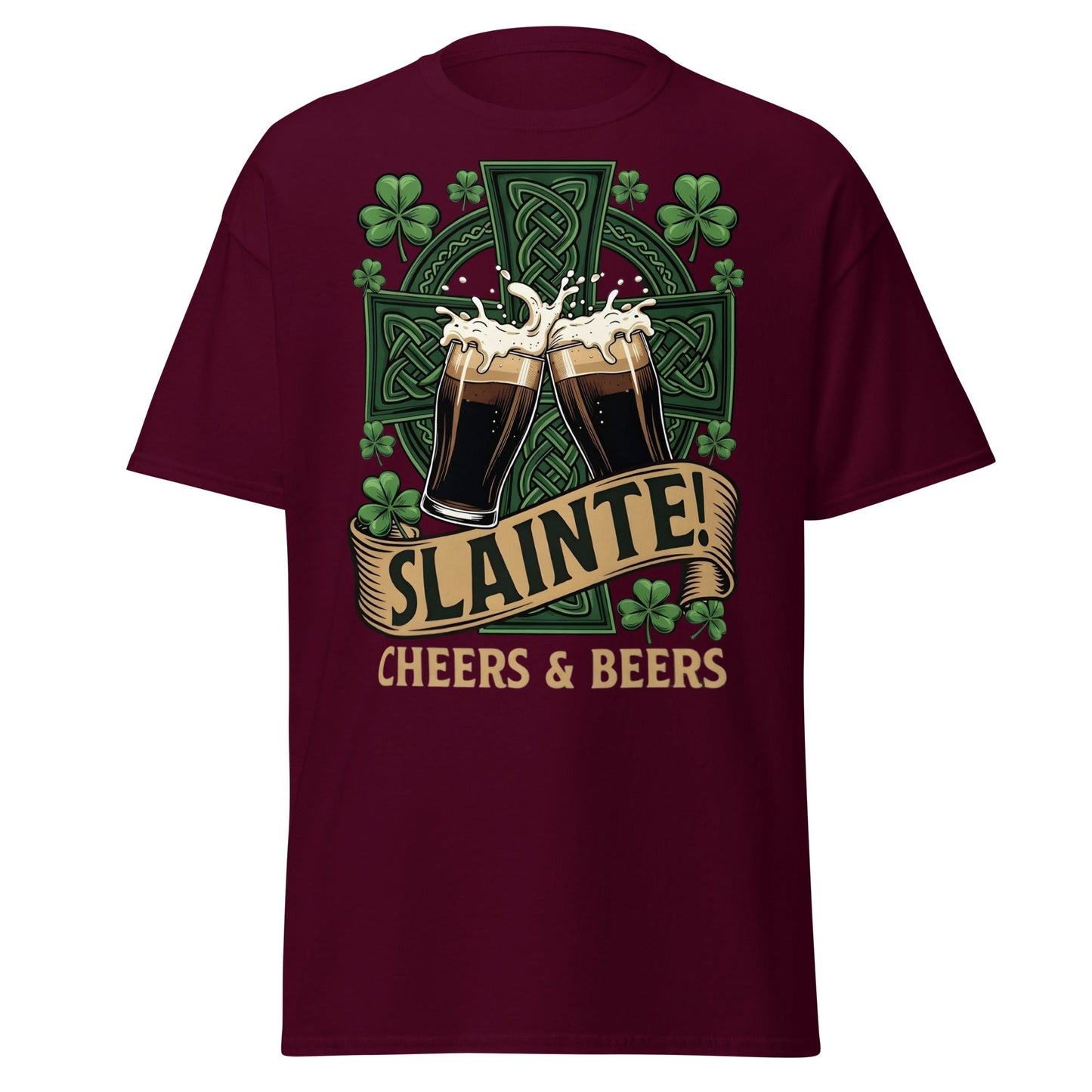 Sláinte Irish Cheers & Beers T-Shirt - Celtic Stout Tee - Maroon - T-Shirts Online