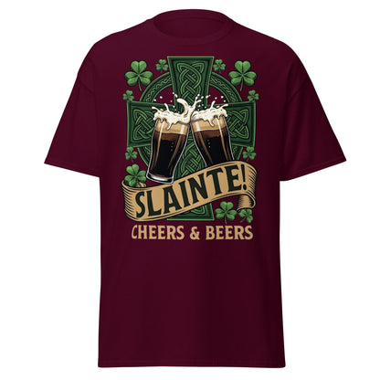 Sláinte Irish Cheers & Beers T-Shirt - Celtic Stout Tee - Maroon - T-Shirts Online