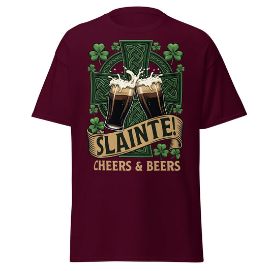 Sláinte Irish Cheers & Beers T-Shirt - Celtic Stout Tee - Maroon - T-Shirts Online