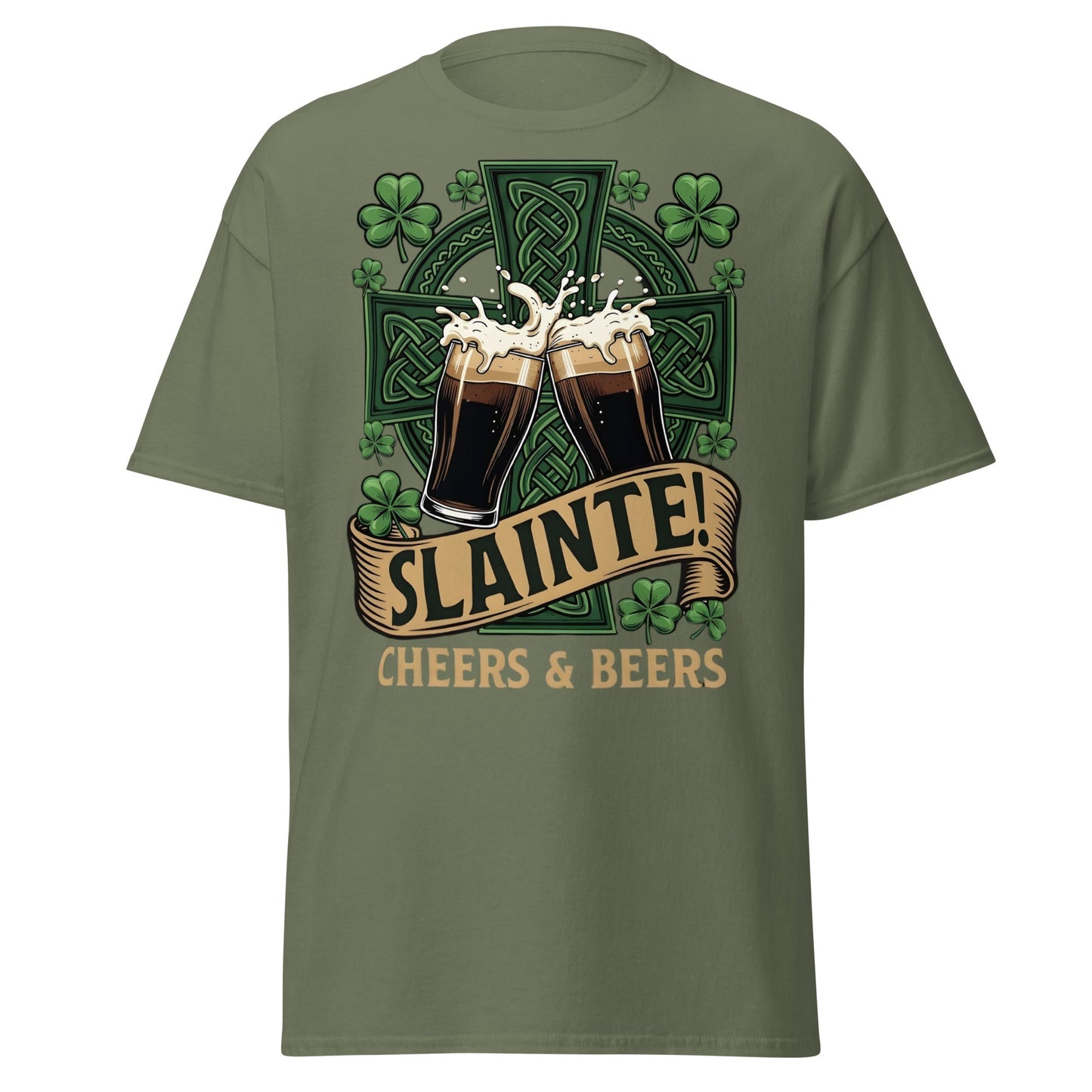 Sláinte Irish Cheers & Beers T-Shirt - Celtic Stout Tee - Military Green - T-Shirts Online