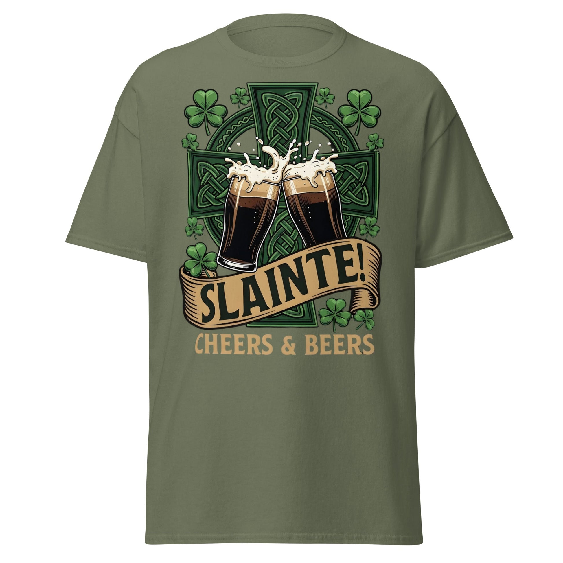 Sláinte Irish Cheers & Beers T-Shirt - Celtic Stout Tee - Military Green - T-Shirts Online