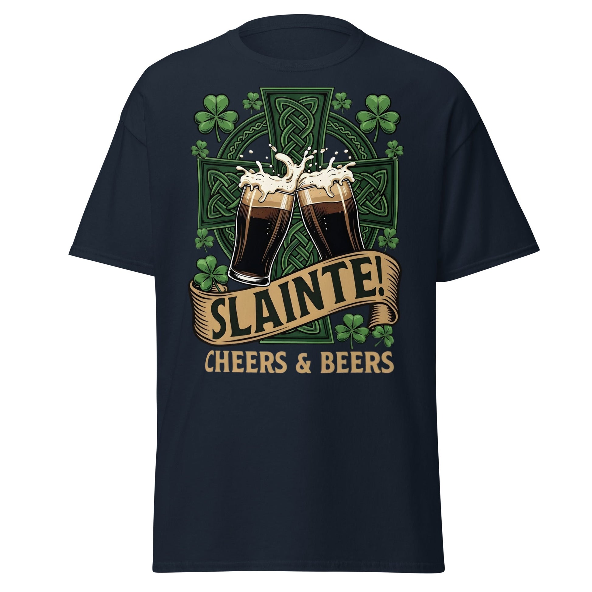 Sláinte Irish Cheers & Beers T-Shirt - Celtic Stout Tee - Navy - T-Shirts Online