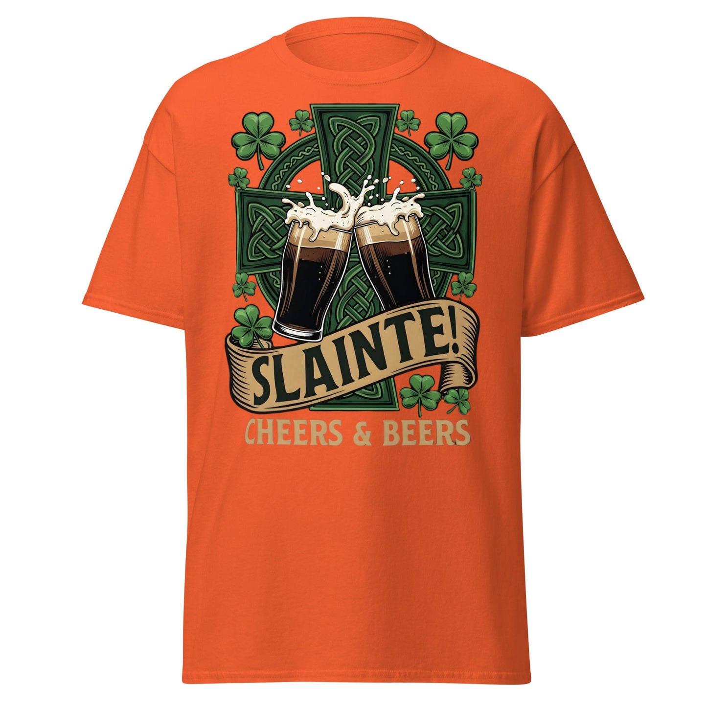 Sláinte Irish Cheers & Beers T-Shirt - Celtic Stout Tee - Orange - T-Shirts Online