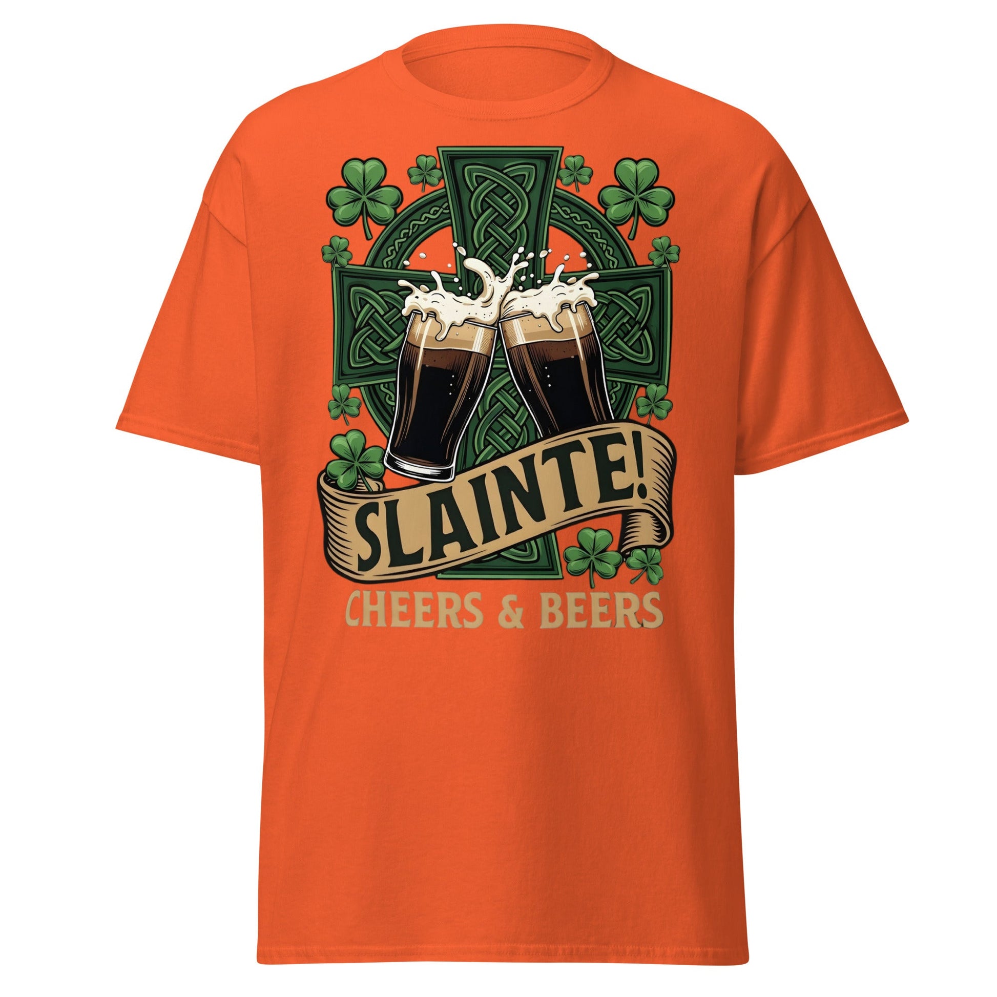 Sláinte Irish Cheers & Beers T-Shirt - Celtic Stout Tee - Orange - T-Shirts Online