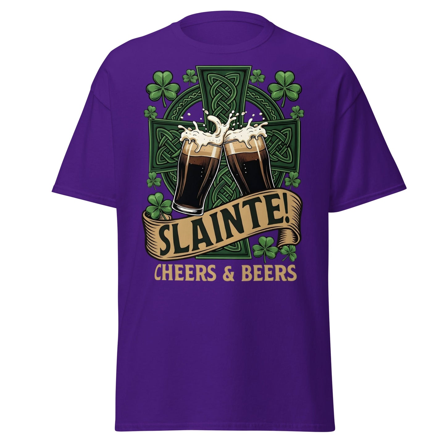 Sláinte Irish Cheers & Beers T-Shirt - Celtic Stout Tee - Purple - T-Shirts Online