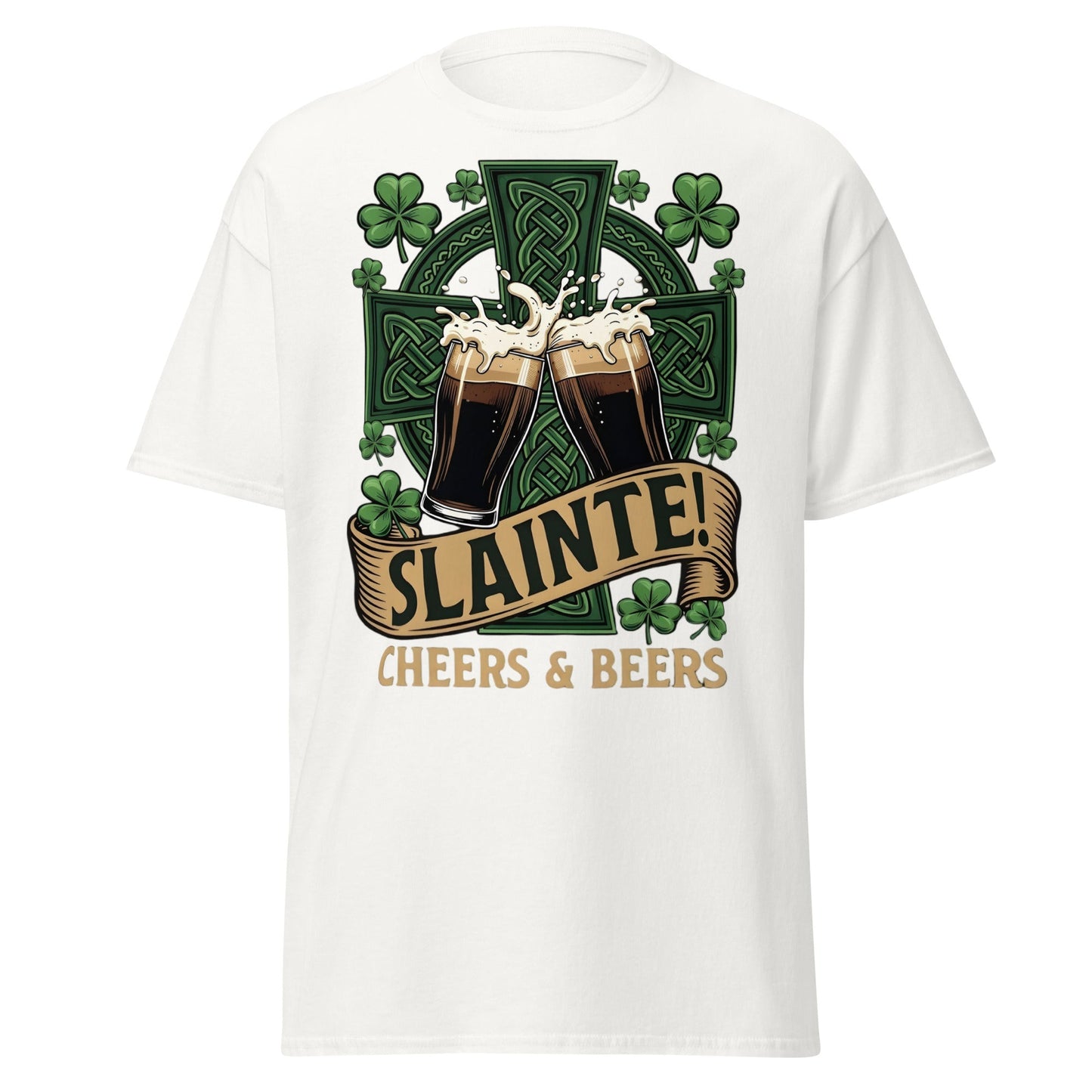 Sláinte Irish Cheers & Beers T-Shirt - Celtic Stout Tee - White - T-Shirts Online