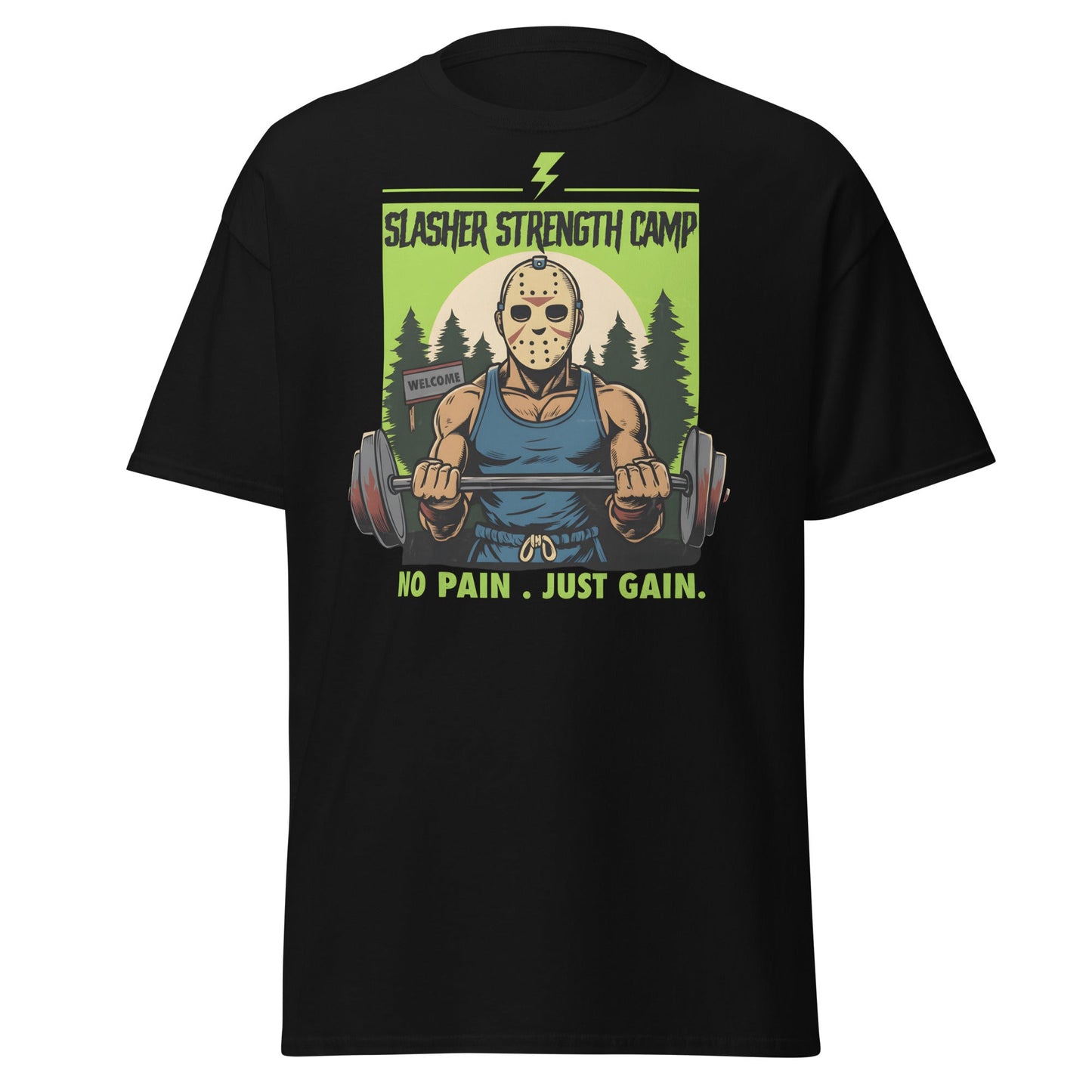 Slasher Strength Camp T-Shirt – Horror Gym Humor Tee - Black - T-Shirts Online