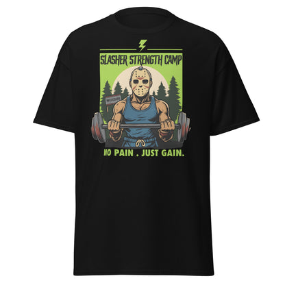 Slasher Strength Camp T-Shirt – Horror Gym Humor Tee - Black - T-Shirts Online