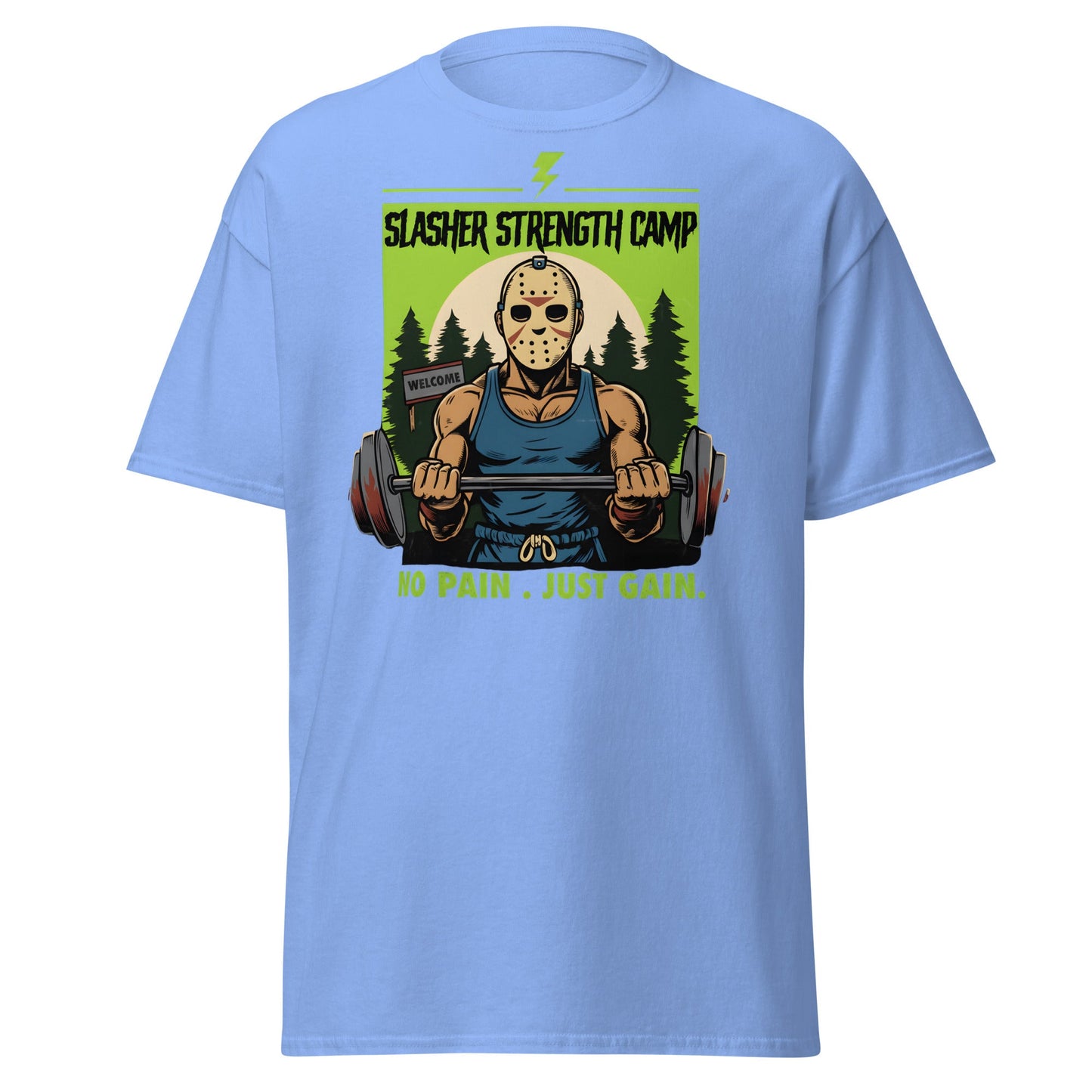 Slasher Strength Camp T-Shirt – Horror Gym Humor Tee - Carolina Blue - T-Shirts Online