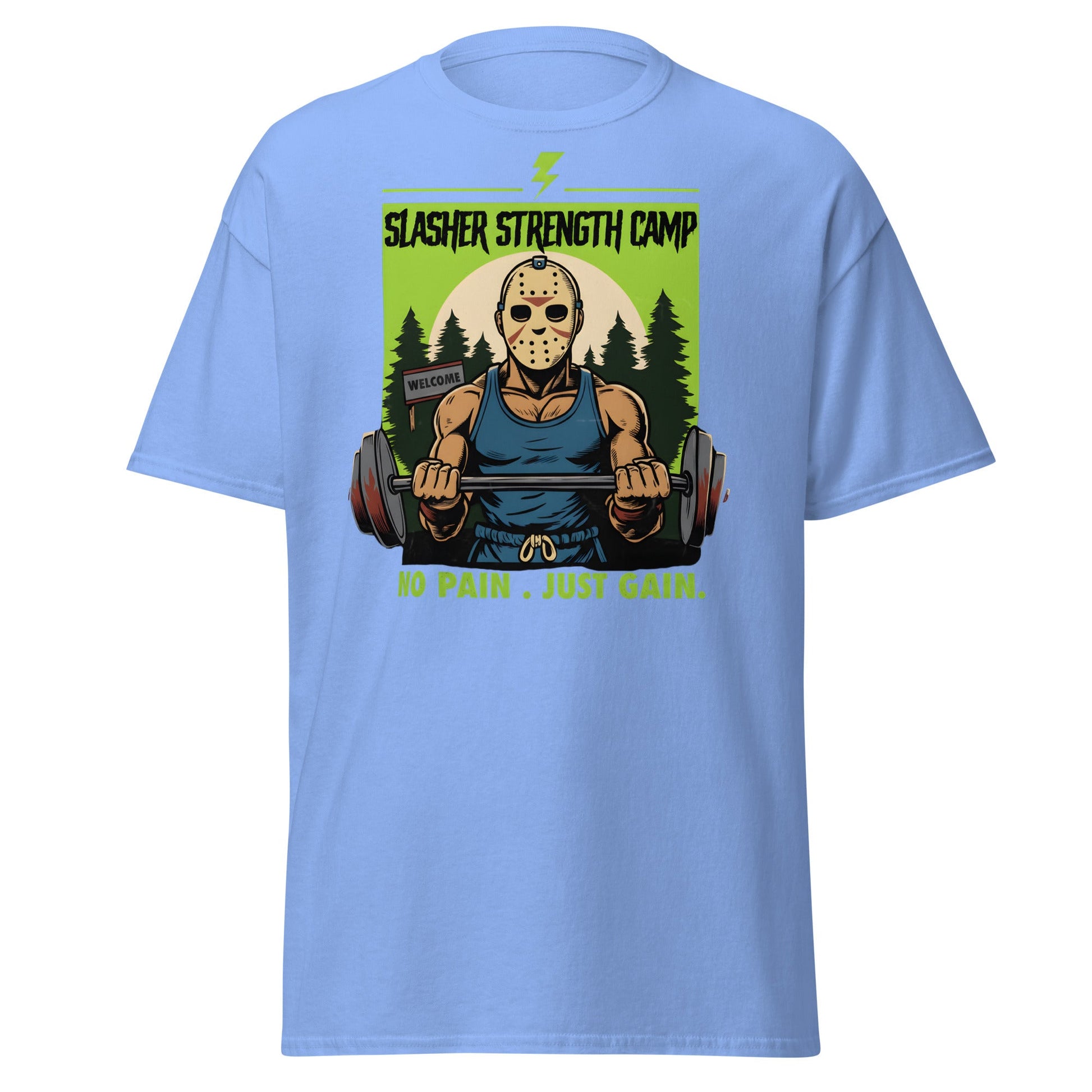 Slasher Strength Camp T-Shirt – Horror Gym Humor Tee - Carolina Blue - T-Shirts Online