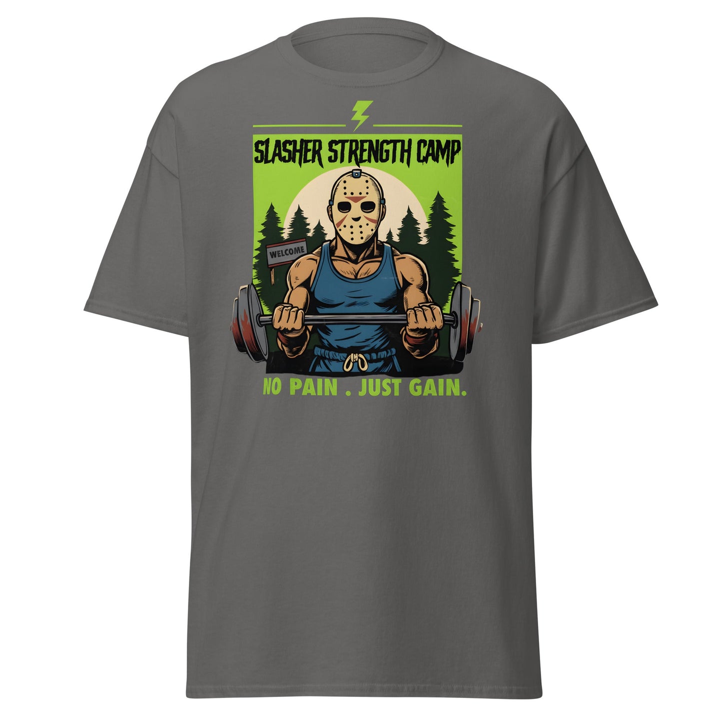 Slasher Strength Camp T-Shirt – Horror Gym Humor Tee - Charcoal - T-Shirts Online