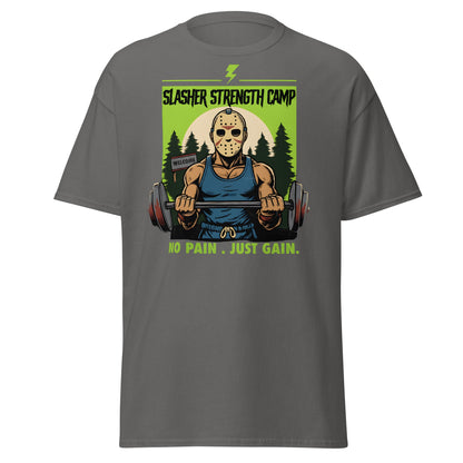 Slasher Strength Camp T-Shirt – Horror Gym Humor Tee - Charcoal - T-Shirts Online