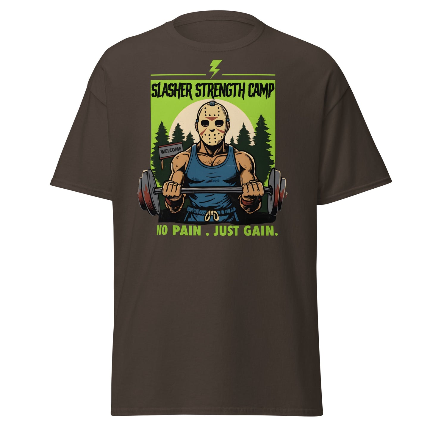 Slasher Strength Camp T-Shirt – Horror Gym Humor Tee - Dark Chocolate - T-Shirts Online