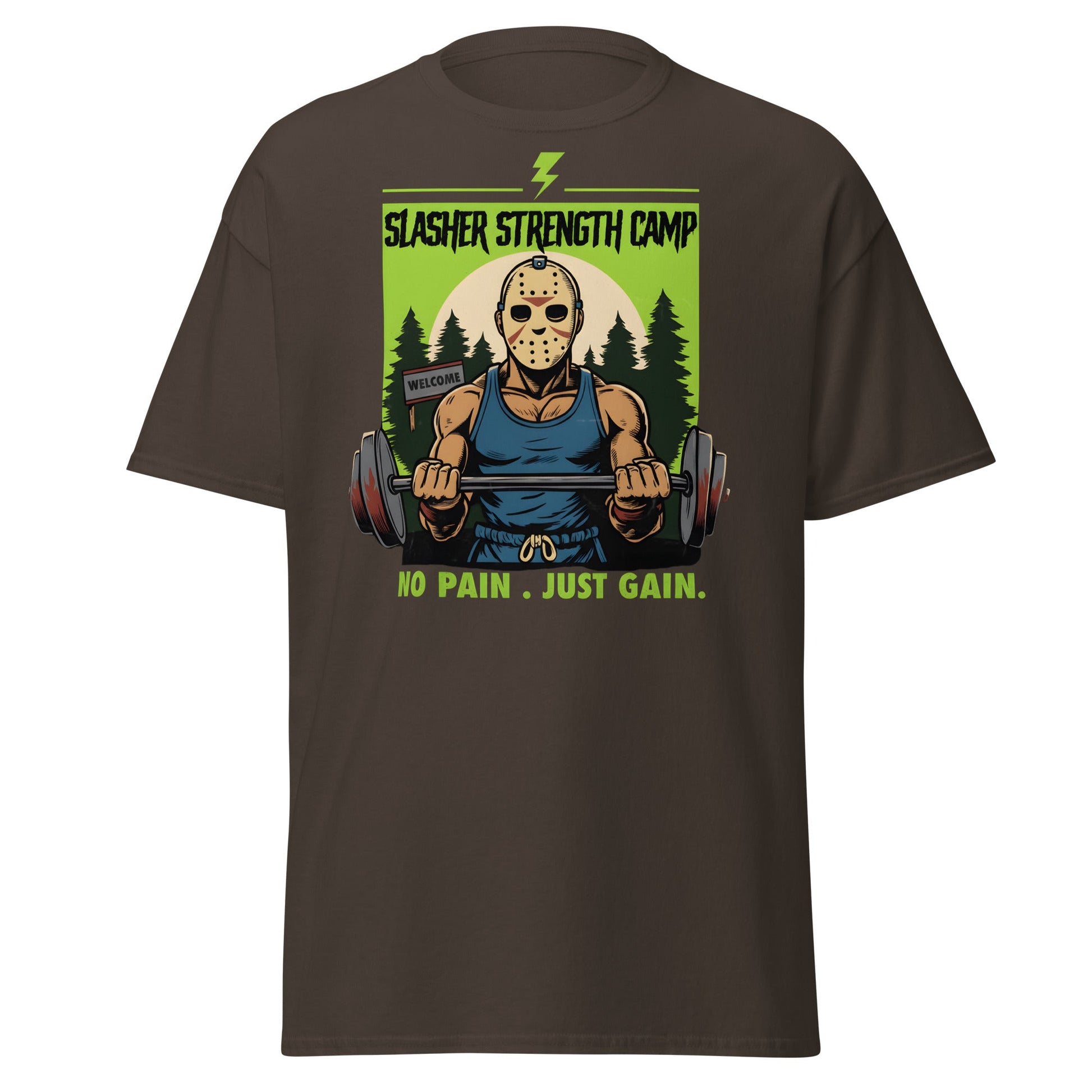 Slasher Strength Camp T-Shirt – Horror Gym Humor Tee - Dark Chocolate - T-Shirts Online