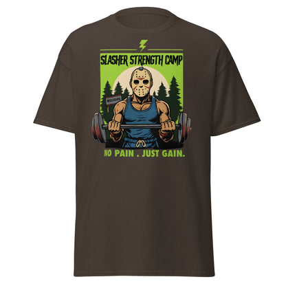 Slasher Strength Camp T-Shirt – Horror Gym Humor Tee - Dark Chocolate - T-Shirts Online