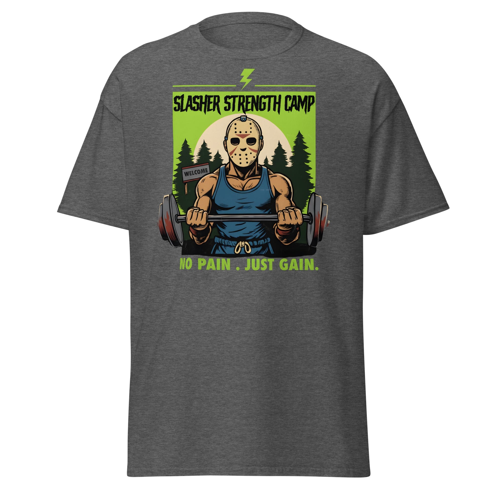 Slasher Strength Camp T-Shirt – Horror Gym Humor Tee - Dark Heather - T-Shirts Online