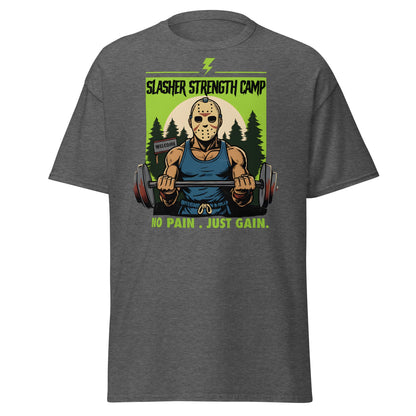 Slasher Strength Camp T-Shirt – Horror Gym Humor Tee - Dark Heather - T-Shirts Online