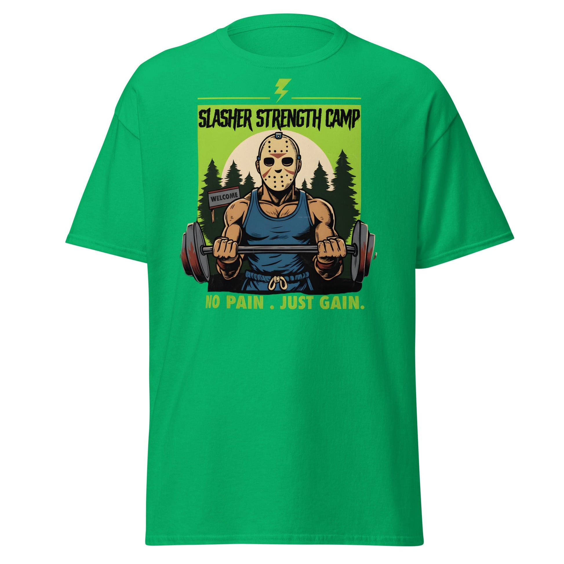 Slasher Strength Camp T-Shirt – Horror Gym Humor Tee - Irish Green - T-Shirts Online