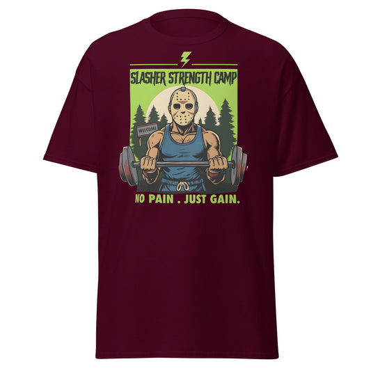 Slasher Strength Camp T-Shirt – Horror Gym Humor Tee - Maroon - T-Shirts Online