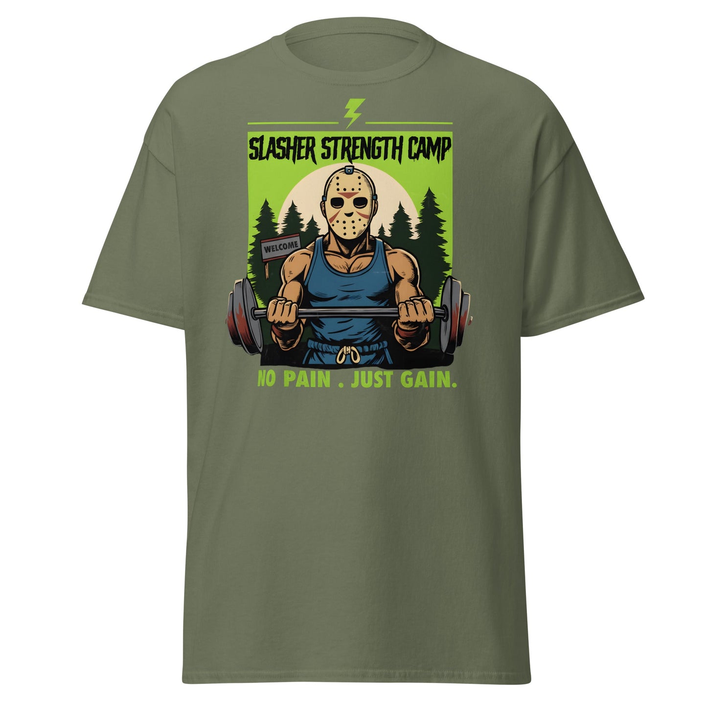 Slasher Strength Camp T-Shirt – Horror Gym Humor Tee - Military Green - T-Shirts Online