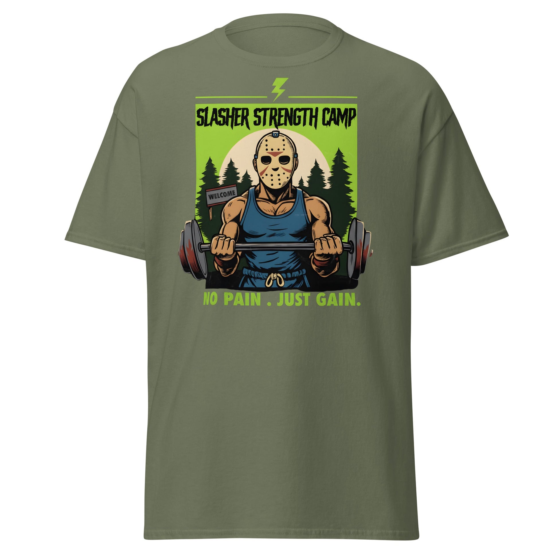 Slasher Strength Camp T-Shirt – Horror Gym Humor Tee - Military Green - T-Shirts Online