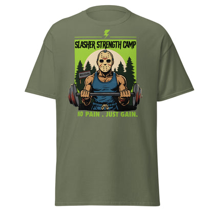 Slasher Strength Camp T-Shirt – Horror Gym Humor Tee - Military Green - T-Shirts Online