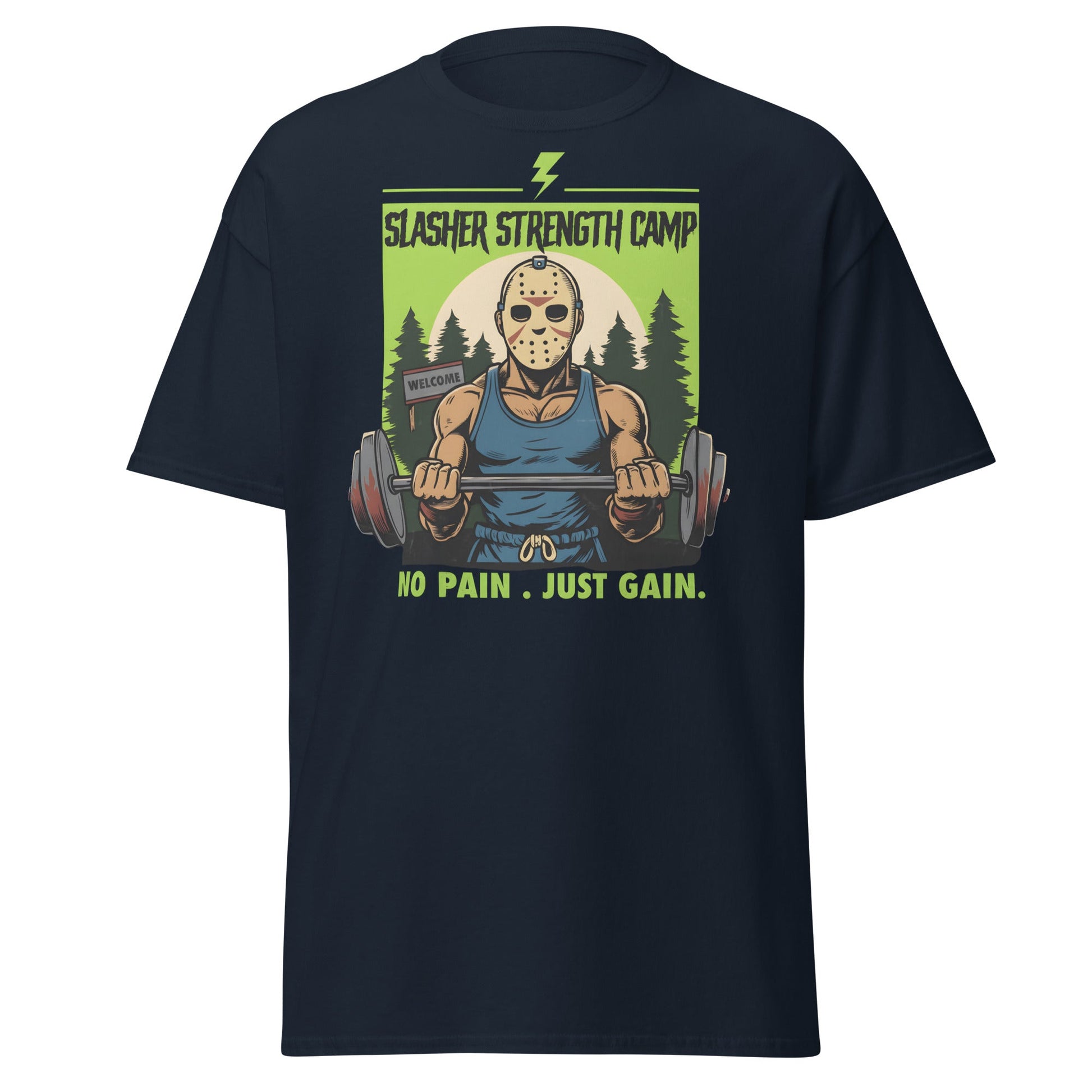 Slasher Strength Camp T-Shirt – Horror Gym Humor Tee - Navy - T-Shirts Online