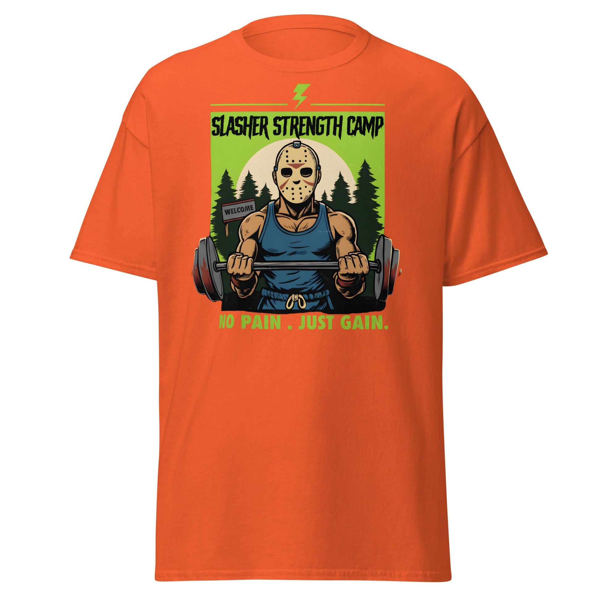 Slasher Strength Camp T-Shirt – Horror Gym Humor Tee - Orange - T-Shirts Online
