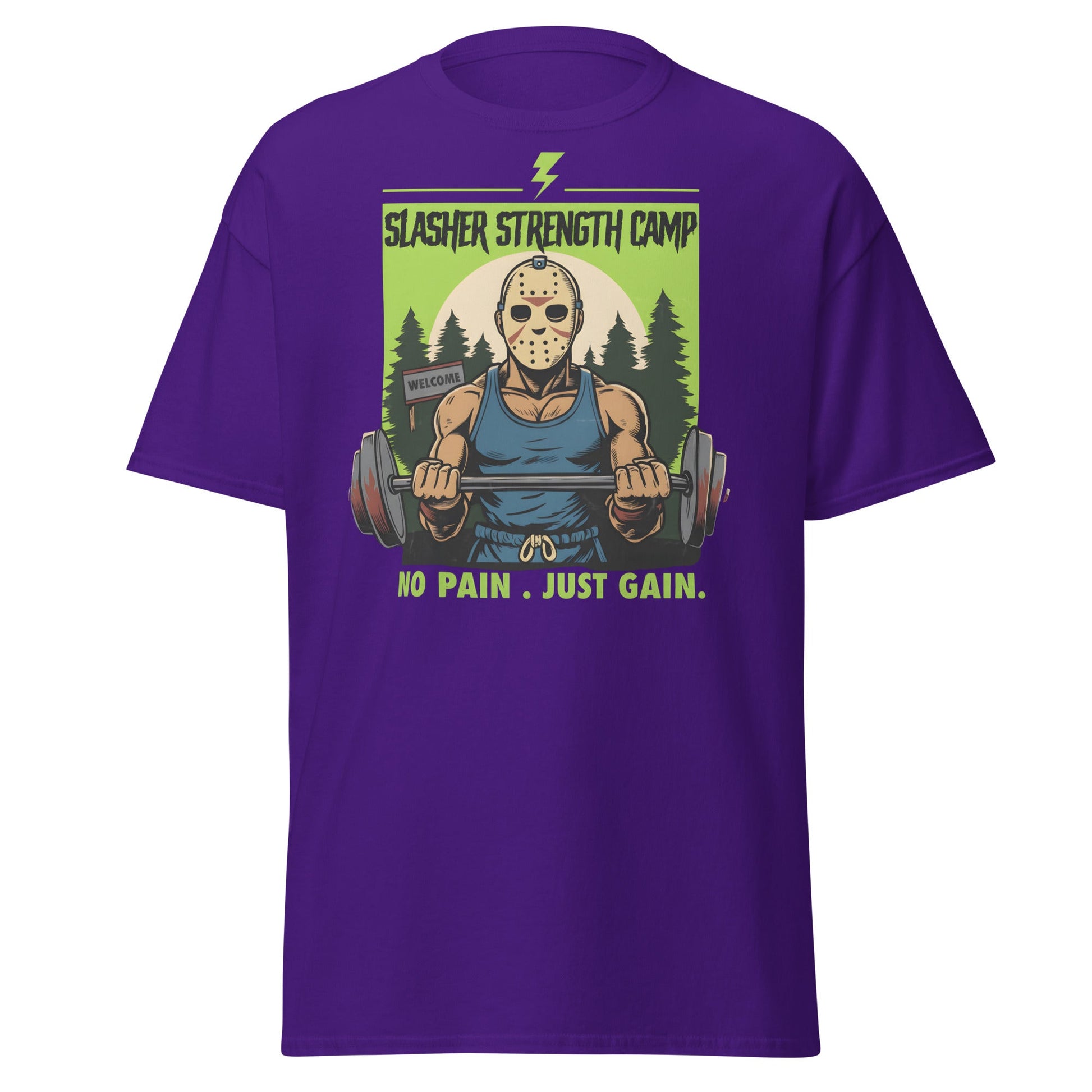Slasher Strength Camp T-Shirt – Horror Gym Humor Tee - Purple - T-Shirts Online