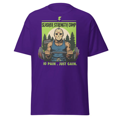 Slasher Strength Camp T-Shirt – Horror Gym Humor Tee - Purple - T-Shirts Online