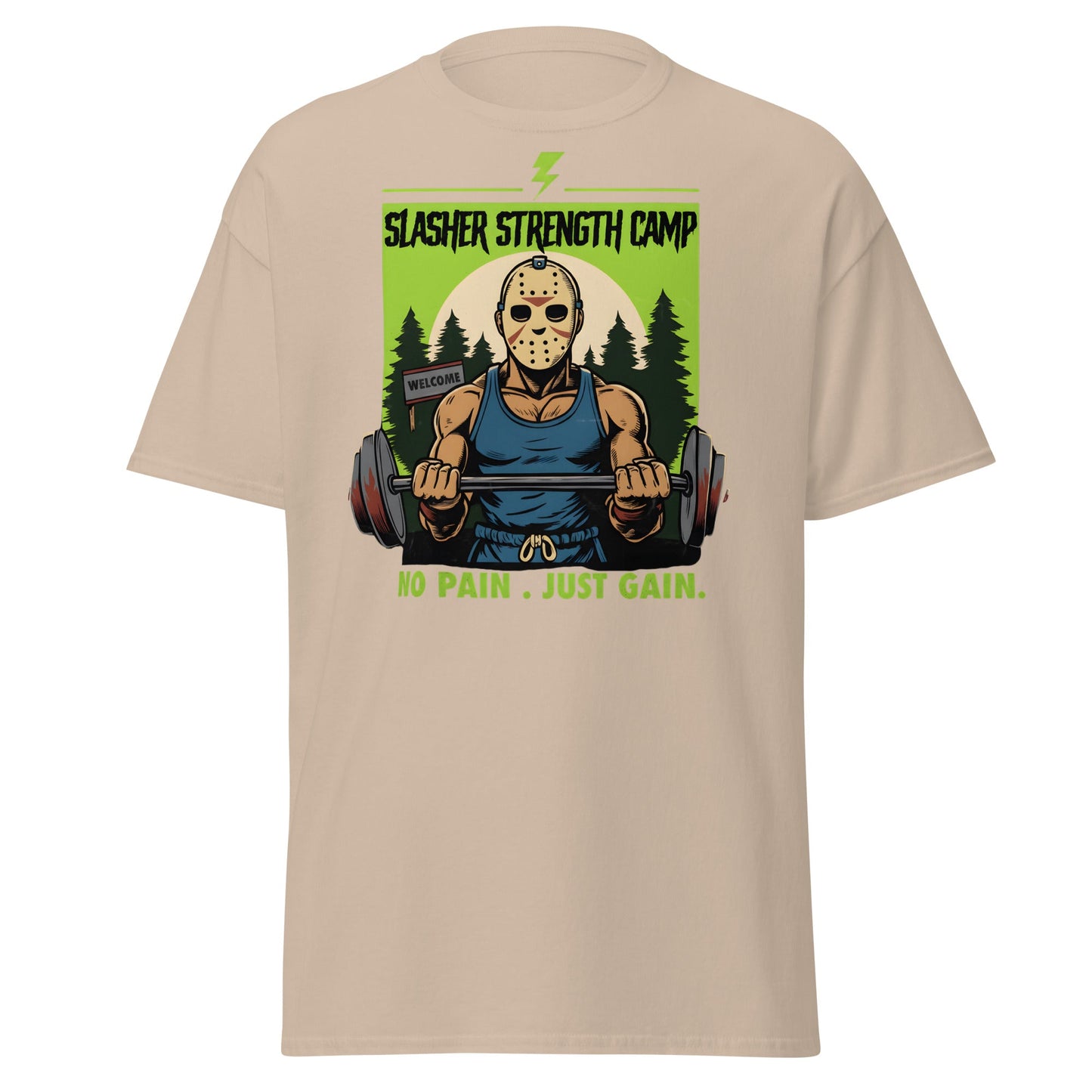 Slasher Strength Camp T-Shirt – Horror Gym Humor Tee - Sand - T-Shirts Online
