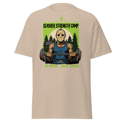 Slasher Strength Camp T-Shirt – Horror Gym Humor Tee - Sand - T-Shirts Online