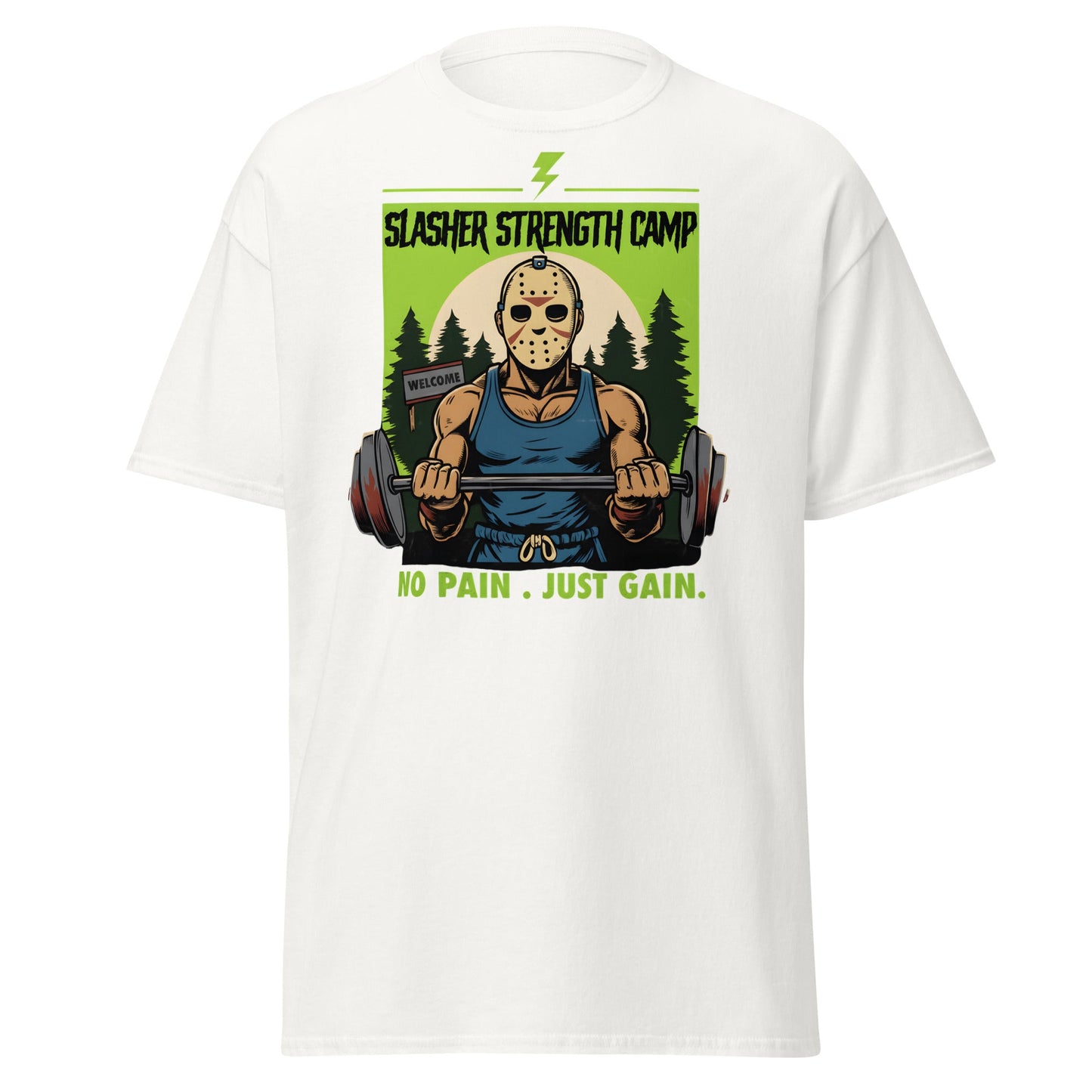 Slasher Strength Camp T-Shirt – Horror Gym Humor Tee - White - T-Shirts Online