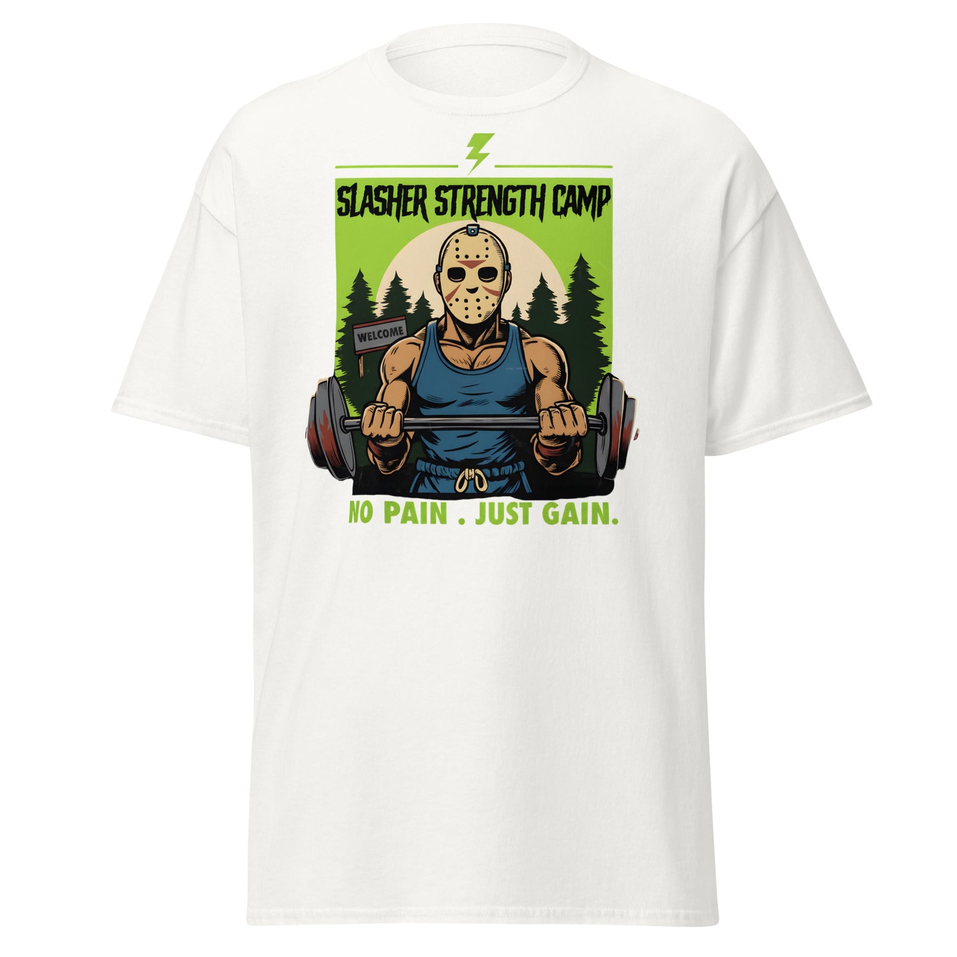 Slasher Strength Camp T-Shirt – Horror Gym Humor Tee - White - T-Shirts Online