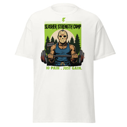 Slasher Strength Camp T-Shirt – Horror Gym Humor Tee - White - T-Shirts Online