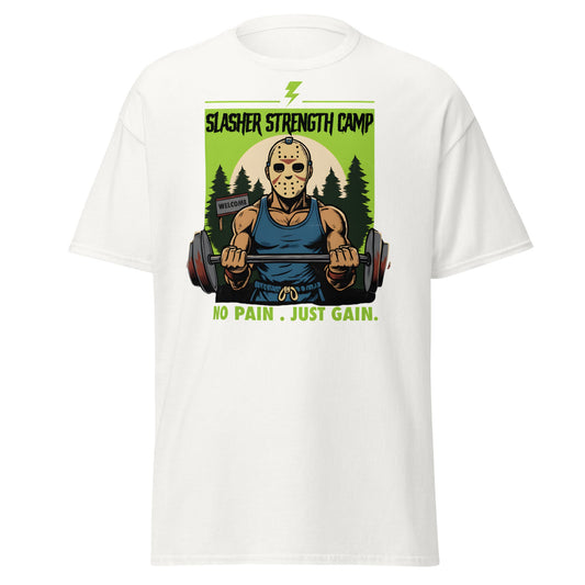 Slasher Strength Camp T-Shirt – Horror Gym Humor Tee - White - T-Shirts Online