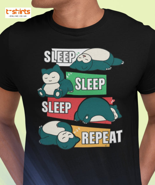 Black t-shirt with cartoon characters and 'Sleep Sleep Sleep Repeat' text on a light yellow background