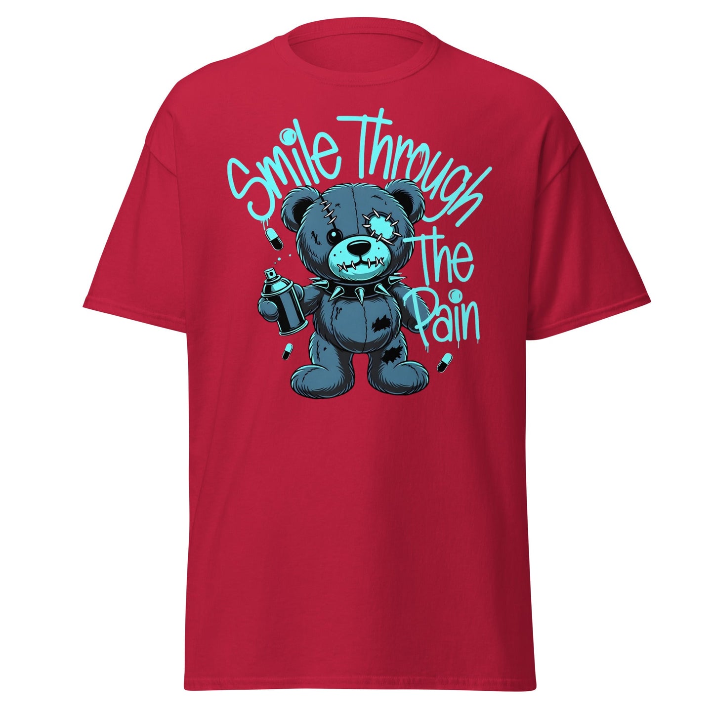 Smile Through The Pain Grunge Bear Streetwear T-Shirt - Cardinal - T-Shirts Online