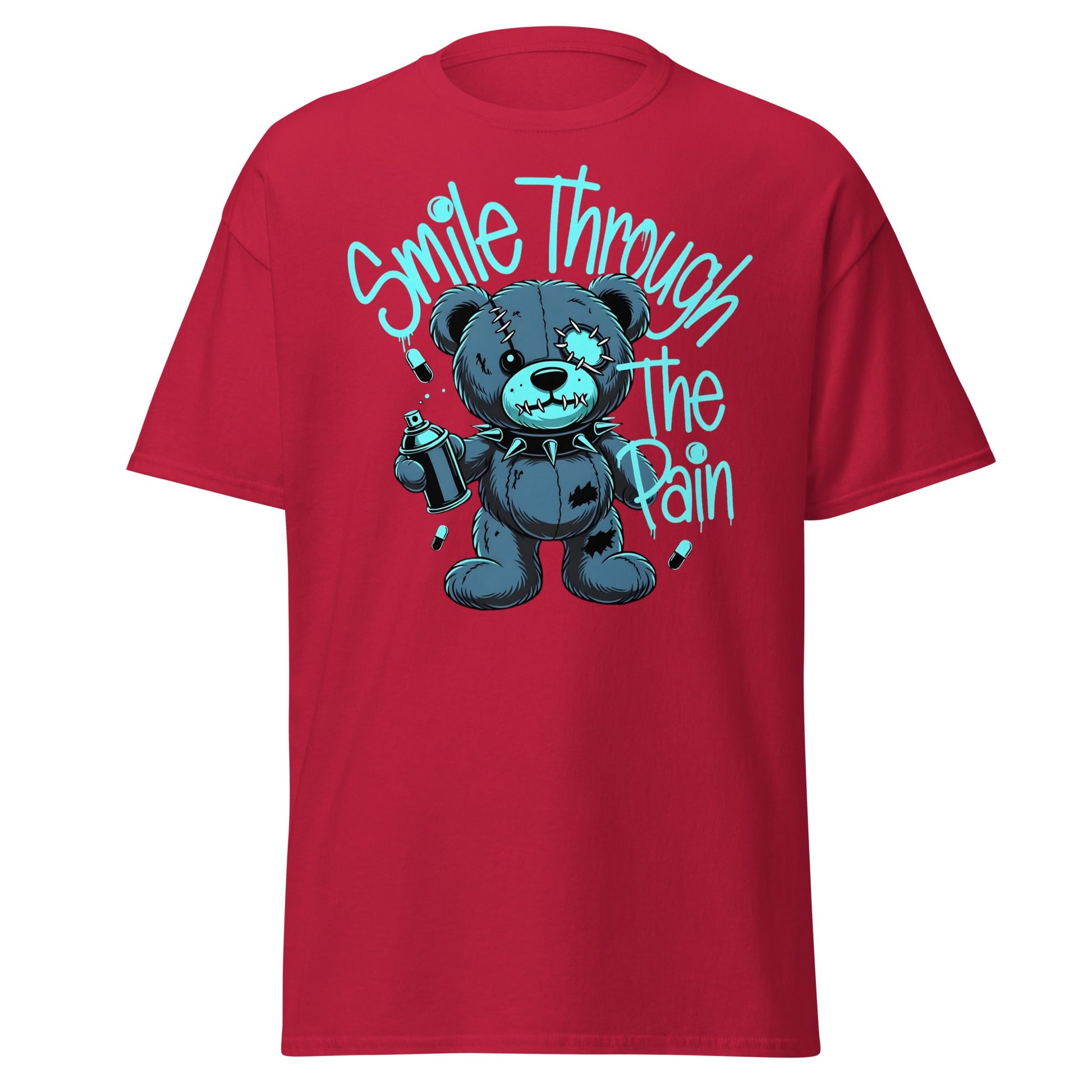 Smile Through The Pain Grunge Bear Streetwear T-Shirt - Cardinal - T-Shirts Online