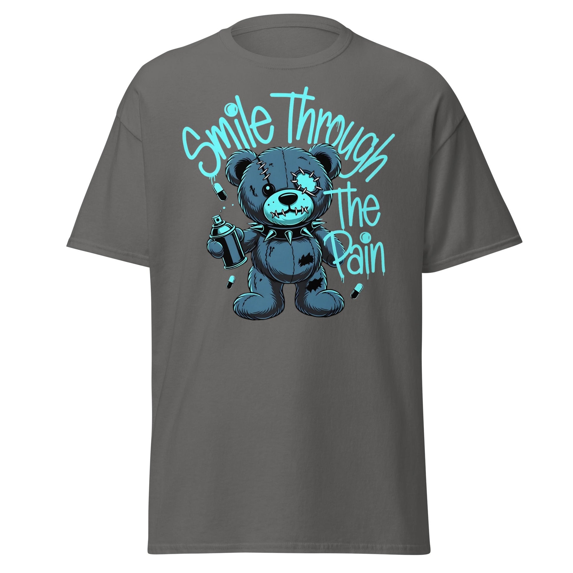 Smile Through The Pain Grunge Bear Streetwear T-Shirt - Charcoal - T-Shirts Online