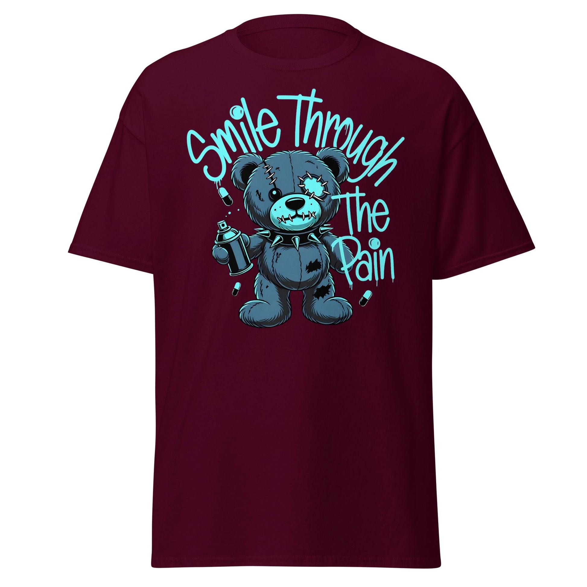 Smile Through The Pain Grunge Bear Streetwear T-Shirt - Maroon - T-Shirts Online