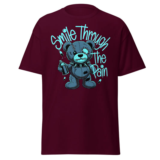 Smile Through The Pain Grunge Bear Streetwear T-Shirt - Maroon - T-Shirts Online