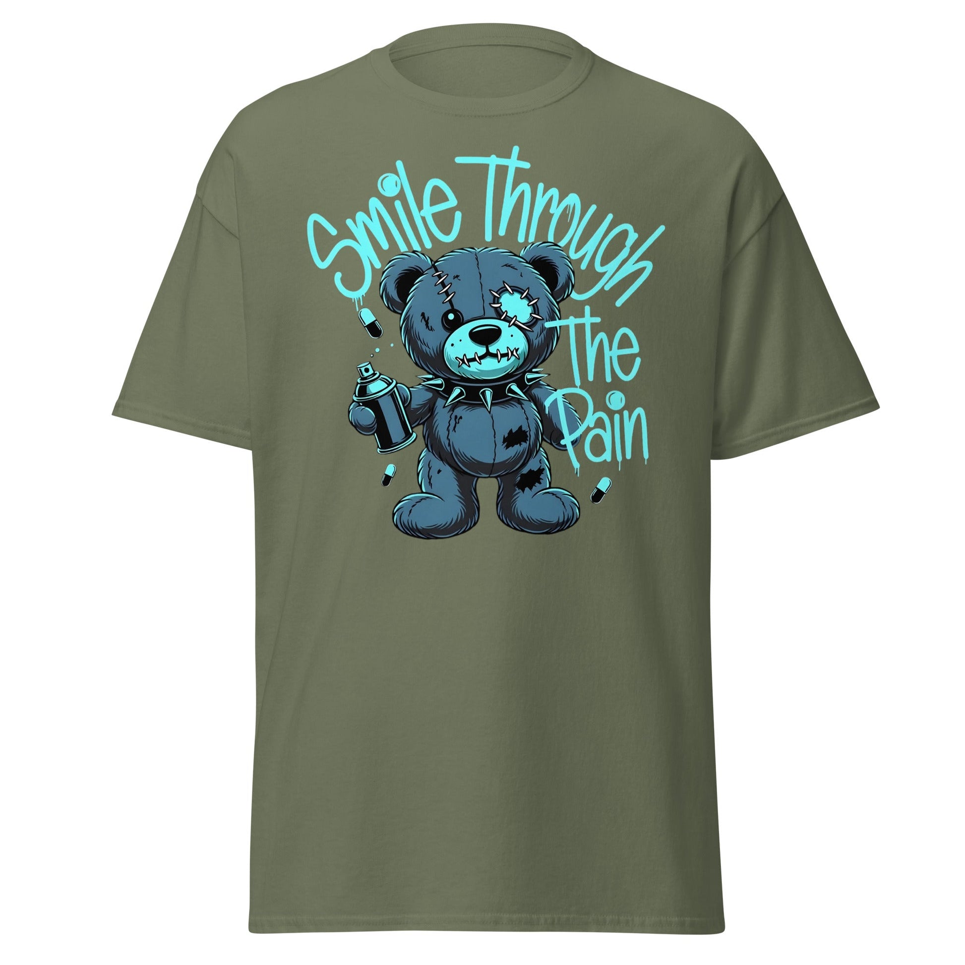Smile Through The Pain Grunge Bear Streetwear T-Shirt - Military Green - T-Shirts Online