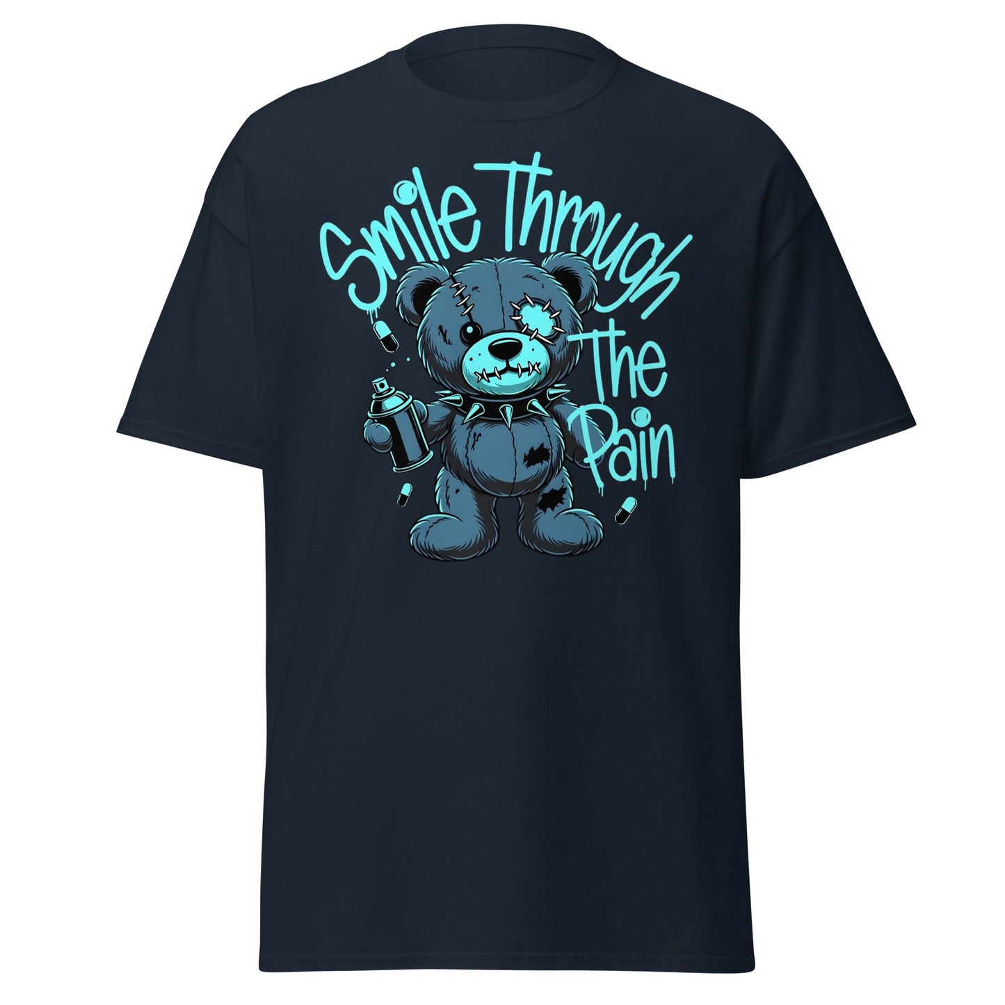 Smile Through The Pain Grunge Bear Streetwear T-Shirt - Navy - T-Shirts Online